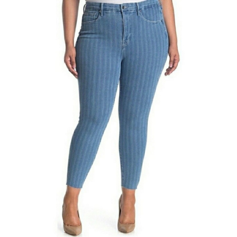 Good American Good Legs Stripe Raw Hem Crop Skinny Jeans sz 16
